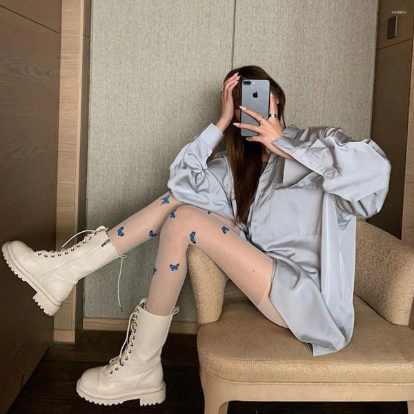 Kadınlar Moda Kızlar Mavi Kelebek Baskı Vücut Külotlu Köprü Yazı See-Through Ultra-İnatçı İpeksi Tayt Lolita Çorapları