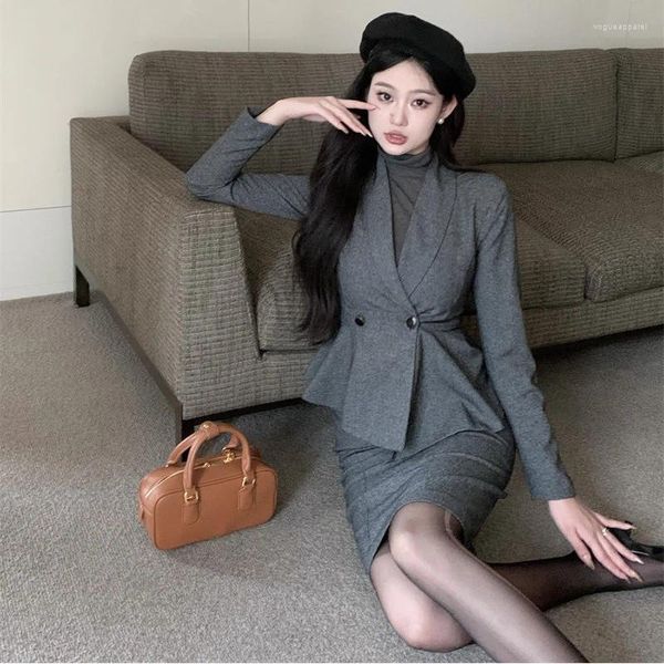 Vestido de duas peças feminino outono vintage estilo britânico curto blazer saco hip saia conjunto commuting cor sólida manga cintura terno de duas peças