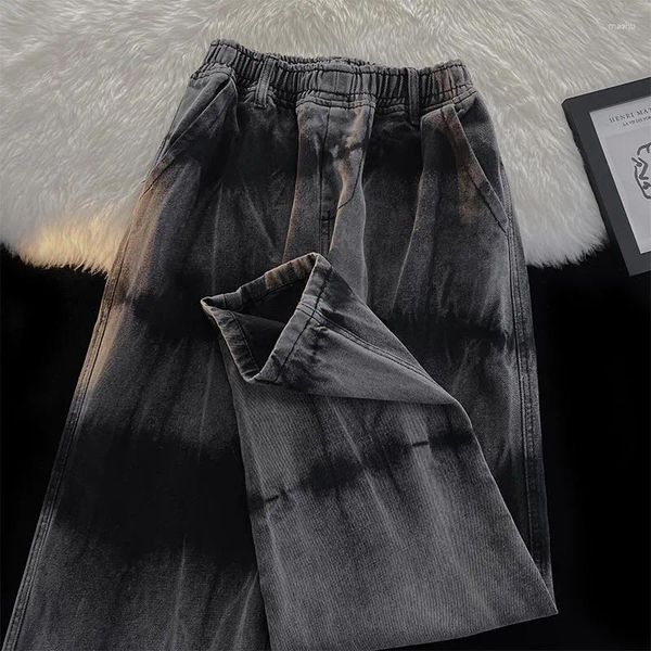 Herren Jeans Frühling Herbst Tie Dye Gerade Elastische Taille High Street Retro Hip-Hop Casual Cowboy Hosen Taschen Denim Hosen