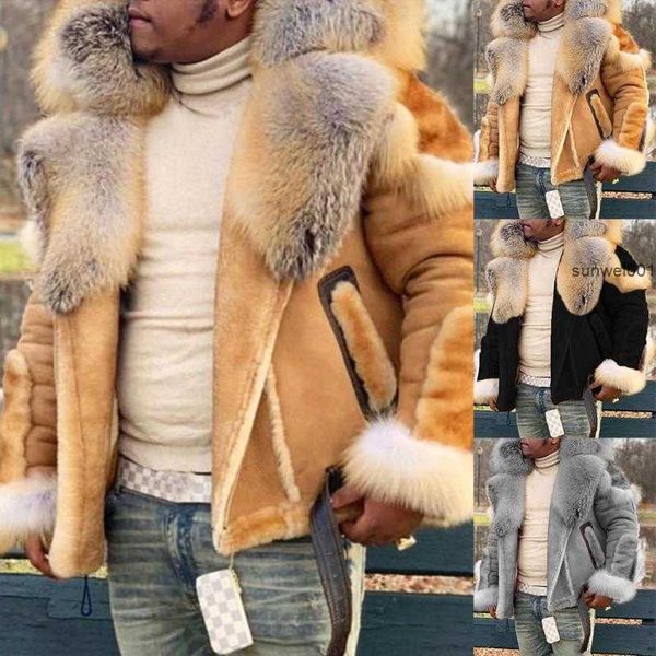 Мужские куртки, оригинальные овечьи меха, шерстяные пальто большого размера, модные короткие утолщенные байкерские мужские пальто, осень-зима Of6r