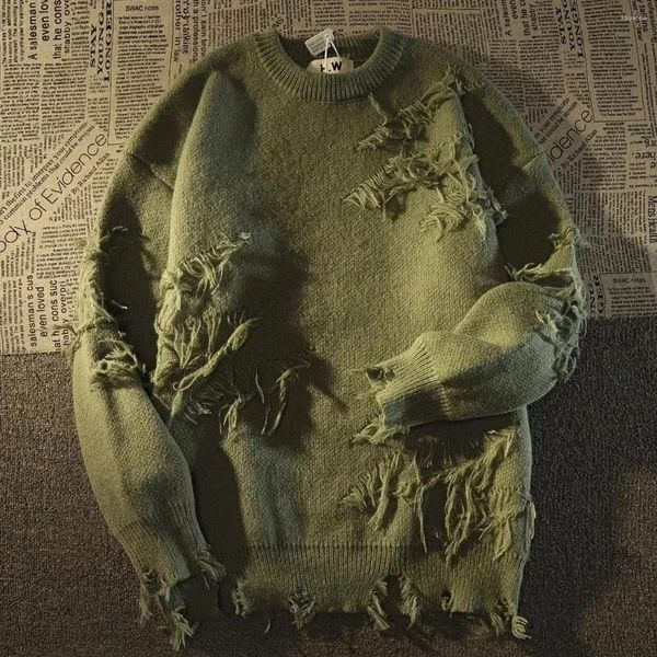 Erkek Sweaters Autumnand y2k kazak kadınlar harajuku gevşek sweatshirt deliği saçaklı örgü nakış pilotu vintage üst sokak kıyafetleri