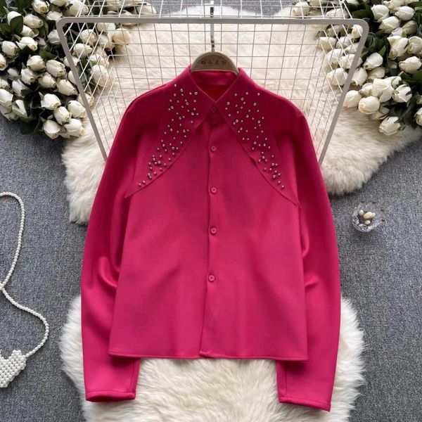 Women's Blouses French Chic Bead Shirts For Women Turn-down Collar Lapel Single Long Sleeve Loose Blouse Autumn Vintage Female Tops Drop