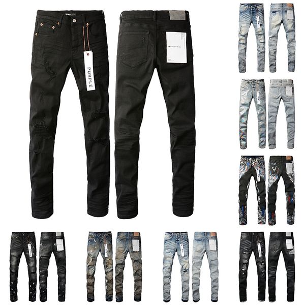 Jeans da motociclista strappati strappati alla moda da uomo di design viola Pantaloni cargo neri in denim da donna