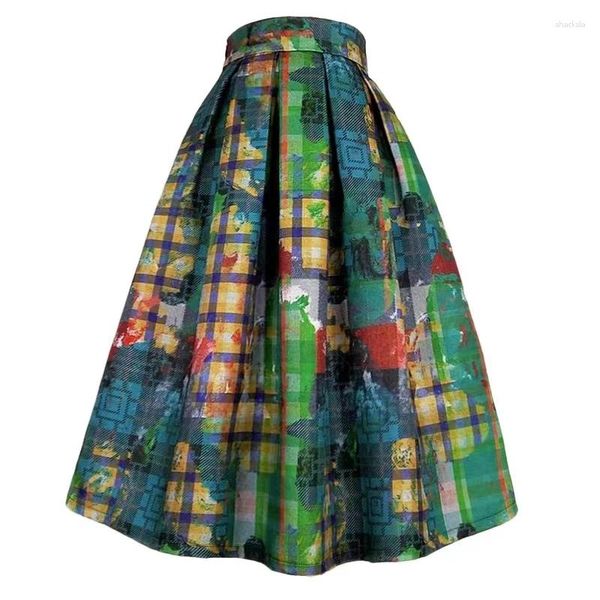 Röcke 2023 Herbst Koreanische Stilvolle Frau Kleidung Ästhetische Vintage Elegante Grüne Ölgemälde Plaid Stickerei Hohe Taille Falten Rock