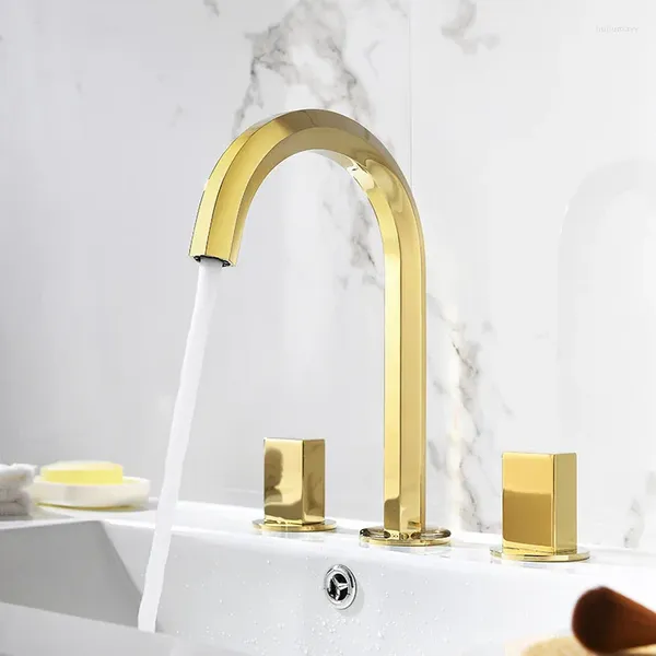 Banyo Lavabo muslukları lüks altın pirinç musluk en kaliteli sanatsal iki tutamak üç delik soğuk su miksini musluk musluk