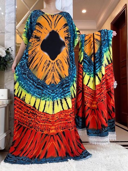 Etnik Giyim 2023 Dubai Müslüman Kısa Kollu Elbise Büyük Eşarp Afrika Dashiki Baskı Pamuk Kaftan Lady Maksi Maksi Abaya