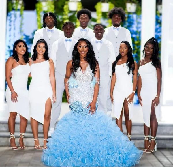 Céu azul sereia vestido de formatura para mulheres com prata diamante cristal frisado vestido de aniversário de formatura de luxo