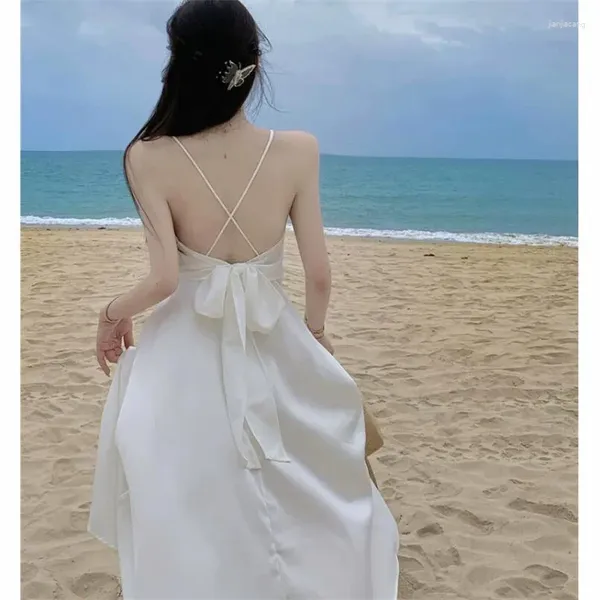 Vestidos casuais verão férias fada uma linha longa vestido branco sexy v pescoço aberto volta arco cinta backless seaside férias praia po