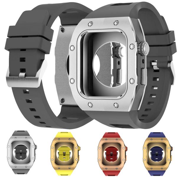 Luxus-Modifikationsset-Gehäuse mit Armband für Apple Watch 9, 8, 7, 6, 5, 45 mm, Metallrahmen, Gummi-Lünette, Armband, iWatch-Serie, 44 mm, 45 mm, Edelstahlgehäuse