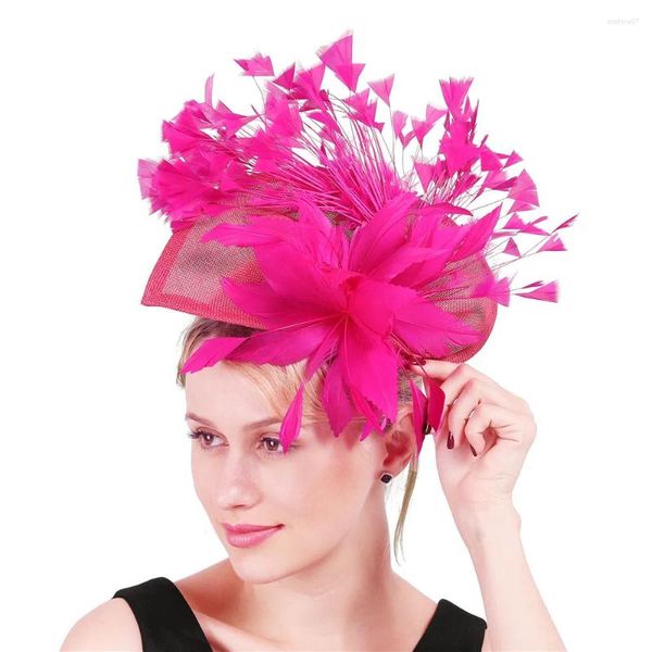 Lindo chapéu fascinator rosa com clipes, mulheres elegantes, penas extravagantes, chapéus de casamento, acessórios para cabelo de noiva, millinery