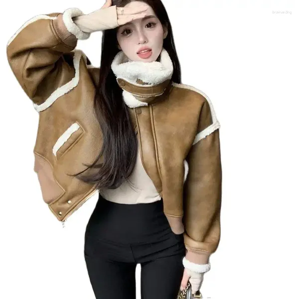 Kadınlar Deri 2023 Kış Moda Kız PU Ceket Vintage Tasarım Kalın Sıcak Berber Polar Kısa Kesinlikle Kadın Paltolar