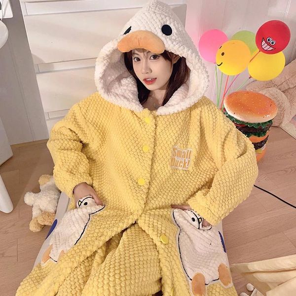 Kadınların Pijama Kış Kalıntılı Kadınlar Gece Robi Pijamaları Kapüşonlu Yumuşak Sıcak Nightgown Kawaii Duck Pijama Mujer Peluş Loungewear İki Parçalı