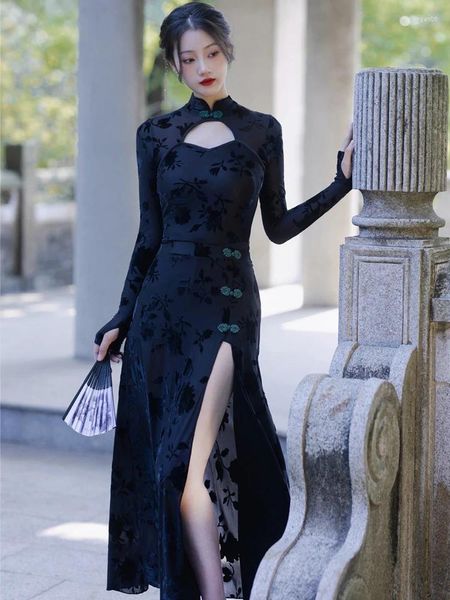 Рабочие платья SWEETXUE женские женские ретро черные с длинными рукавами в китайском стиле темперамент молодые высококачественные улучшенные Cheongsam 2023 Qipao Vestidos