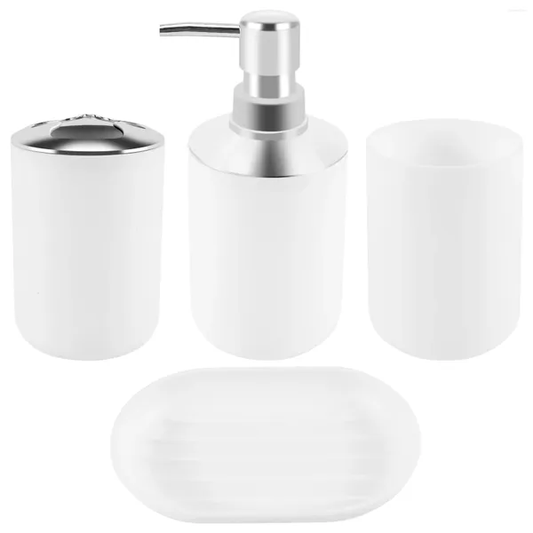 Dispensador de sabão líquido 4 peças, conjunto de acessórios de banheiro de plástico, acessórios de escova de banheiro com suporte de escova de dentes (branco)