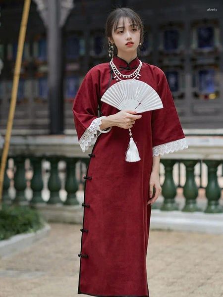 Этническая одежда 2023, китайское традиционное винтажное платье Ципао, восточное платье Cheongsam, женское свободное кружево красного цвета