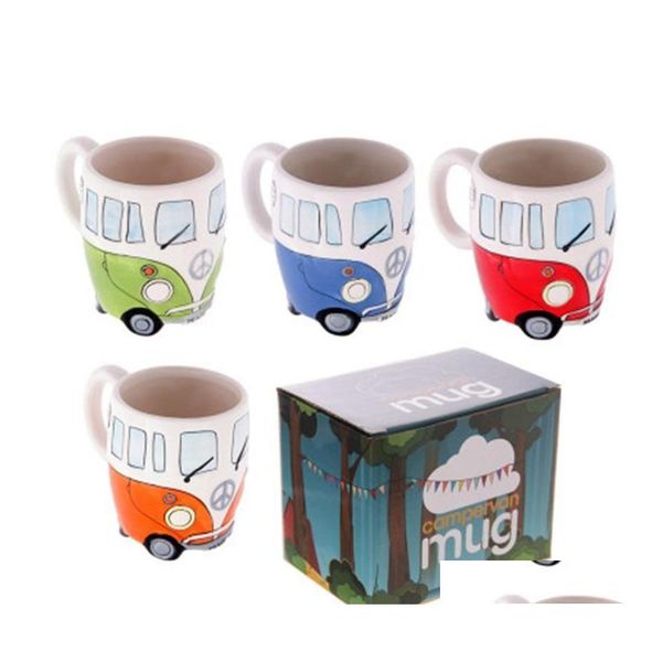 Altre tazze da giardino per la casa Tazza da camper in ceramica 300 ml Vino dipinto a mano Cartoon Bus Acqua Bicchieri classici 4 colori Consegna a domicilio Dhhtk