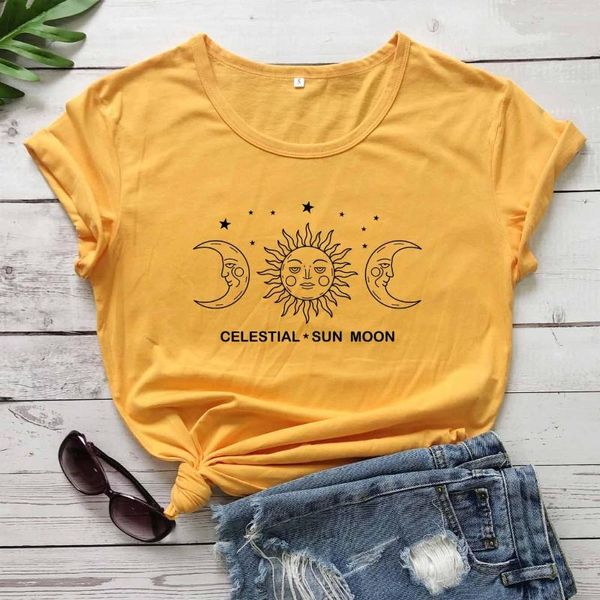 Damen T-Shirts Himmlische Sonne und Mond Grafik Gothic Cool Style Damenmode Lustiges Unisex Vintage Shirt Youngs Lässige Baumwolle T-Shirts Art.-Nr