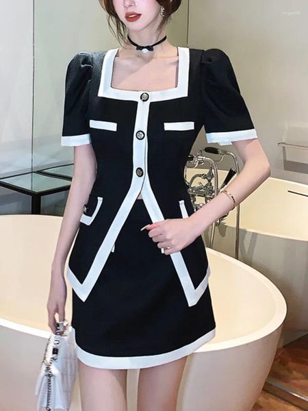 Vestidos de trabalho High Street Francês Vintage Pequeno Perfumado Idade Reduzindo 2 Pcs Define Mulheres Pescoço Quadrado Jaqueta Casaco Cintura Saia Emagrecimento Terno