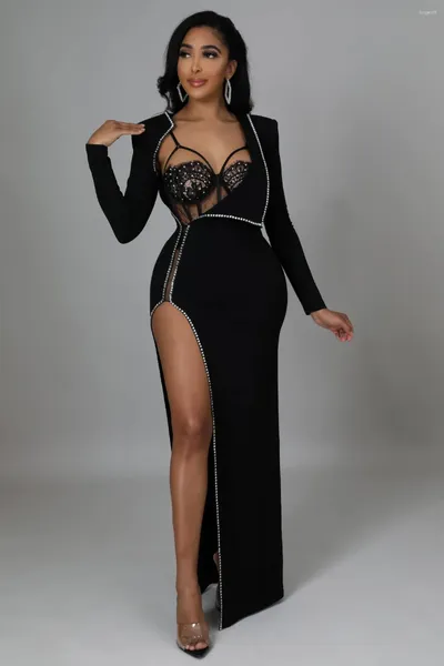 Arbeitskleider Damen Schwarz Sheer Mesh Langarm Midikleid Seitenschlitz Figurbetont Sexy Street Party Elegante Bodys Zweiteilige Sets