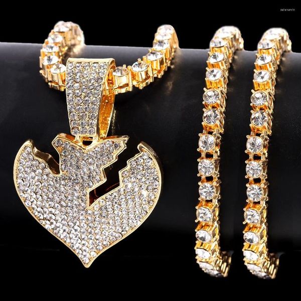 Ketten Hip Hop Männer Frauen Gebrochenes Herz Anhänger Halskette Iced Out Gold Splitter Farbe Strass Tennis Kette Mode Jewerly