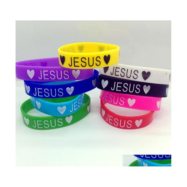 Artes e artesanato Jesus Heart Sile Bracelet 100pcs/lote masculino Pulseira Elastic Friendshipne