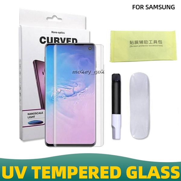 3D-UV-Flüssigkeitsvollkleber, gehärtetes Glas für Samsung S23, S22, S21, S20, S10, S9, Note20, Kleber-Displayschutzfolie für S7 Edge, S8, S9 Plus Ultra, mit Einzelhandelsverpackung