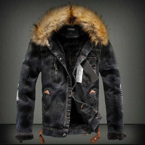 Chaquetas para hombres Envío Directo Chaqueta vaquera para hombre con cuello de piel Chaqueta y abrigo retro de jeans de lana rasgados para otoño invierno S-XXXXLzln231108