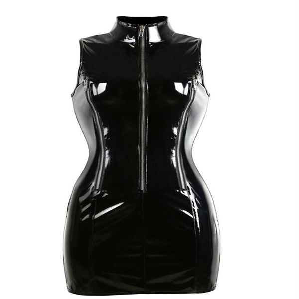 Minivestido gótico Punk de alta calidad con cuello alto sin mangas, Catsuit ajustado de PVC negro para mujer, Vestido brillante con cremallera y aspecto mojado Nig289T