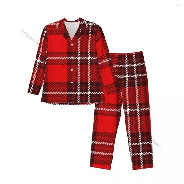 Homens sleepwear mens pijamas define casa ternos xadrez vermelho e branco em borgonha solto homewear de mangas compridas casual