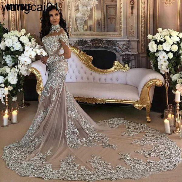 Parti Elbiseleri Vintage Gümüş Dantel Denizkızı Müslüman Gelinlik Uzun Sevgiler Yüksek Boyun Suudi Arabistan Gelin Gowns Dubai Afrika Gelin Elbise 0408H23