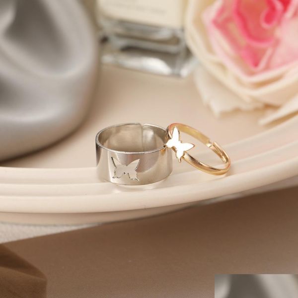 Band Ringe Trendy Gold Schmetterling Offen Für Frauen Männer Liebhaber Paar Ring Set Freundschaft Verlobung Hochzeit Schmuck Tropfenlieferung 2 Dhsjv