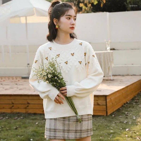 Suéter feminino japonês vintage suéter pulôver mulheres 2023 outono solto versátil bordado macio glutinoso malha