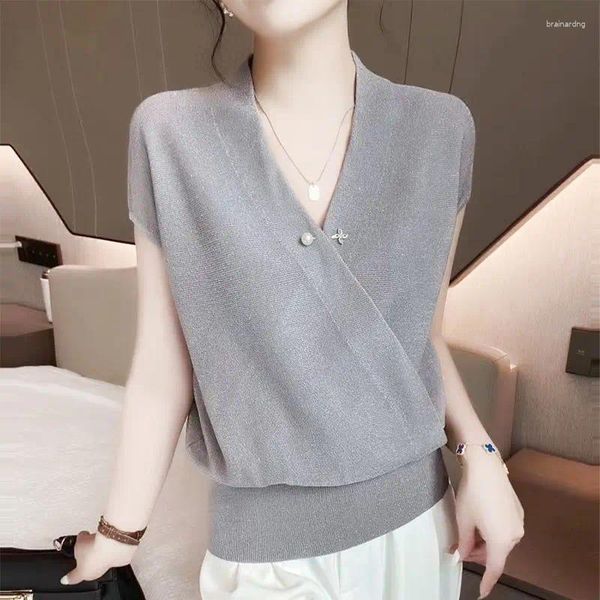 Kadın Tişörtleri 2023 Yaz moda tarzı buz ipek v yaka çivili boncuklar çapraz iplik kenarı parlak banliyö basit katı örgü tişört