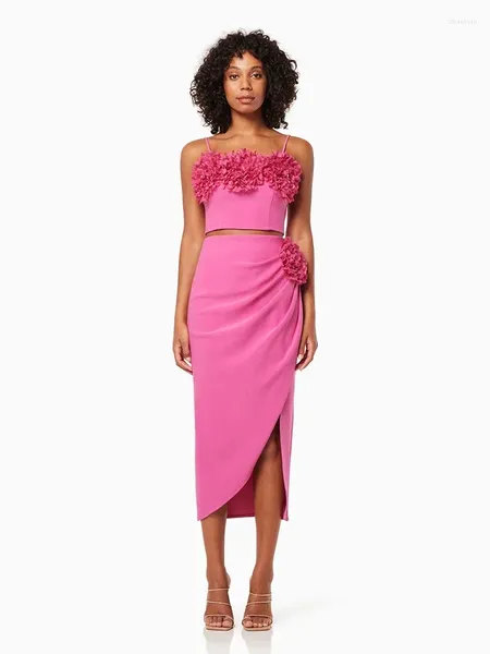 Vestidos de trabalho sexy cintas de espaguete saia flor duas peças conjunto feminino rosa vermelho 3d flores sem mangas superior split midi festa clube ternos