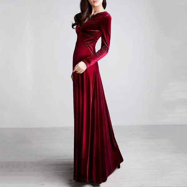 Abiti casual Donna Autunno e Inverno Velluto dorato con scollo a V Tinta unita Abito da festa a maniche lunghe Abito da sera elegante Abiti Rosso