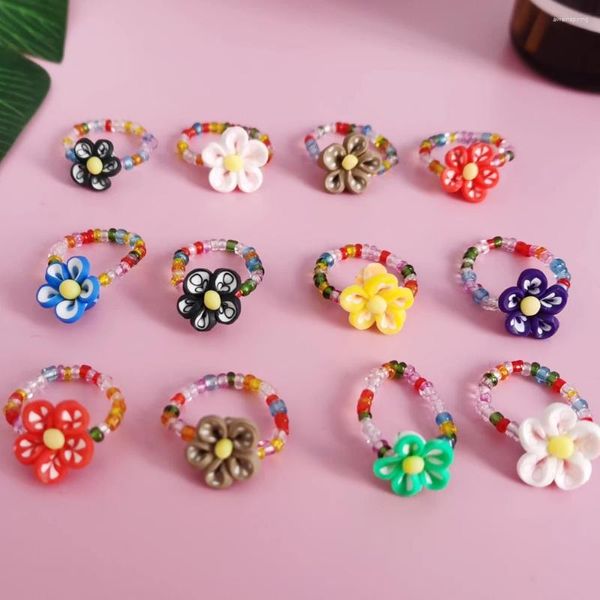 Cluster Anelli 5/10 pz Vintage Carino Perline Miyuki Caramella di Argilla Anello di Fascino Del Fiore Per I Bambini Coreano Elastico Intrecciato Gioielli Regali Del Partito