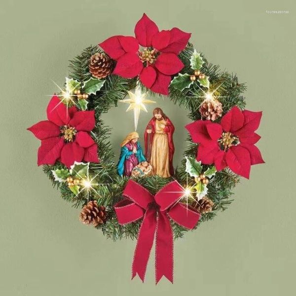 Dekorative Blumen, heilige Weihnachtskranz-Ornamente mit Tannenzapfen-Beeren-Aufdruck, hängende Weihnachtsgirlande, Fenster-Haustür-Ornament 2023