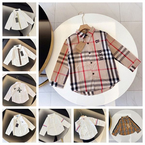 Camicia casual a maniche lunghe scozzese con lettera a nastro classica per bambini, designer primavera e autunno, con abbigliamento per bambini del commercio estero, taglia 90-160 cm A008