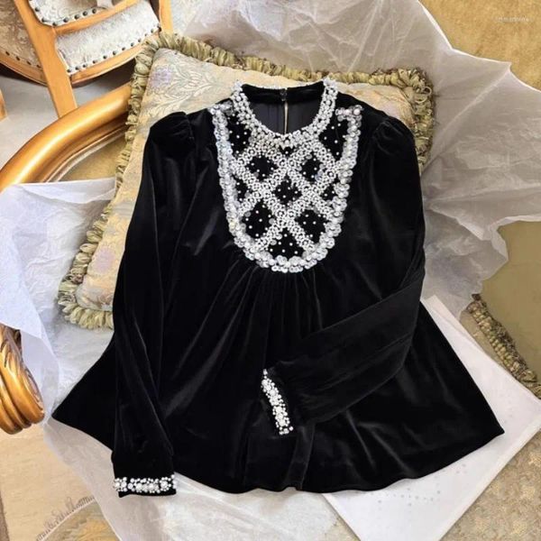 Blusas femininas 2023 outono cravejado diamante veludo topo com estilo tribunal preto manga longa design sentido para mulher