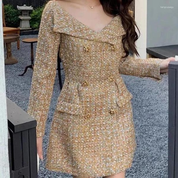 Casual Dresses ZAWFL Vintage Golden Tweed Kleid Frauen Herbst Winter 2023 Langarm Zweireiher Elegante Bodycon Weibliche