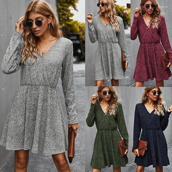 Casual Kleider Frauen Kleid Herbst Winter Geraffte Langarm Strickkleidung Solide Schmal geschnittene Damen Herbst