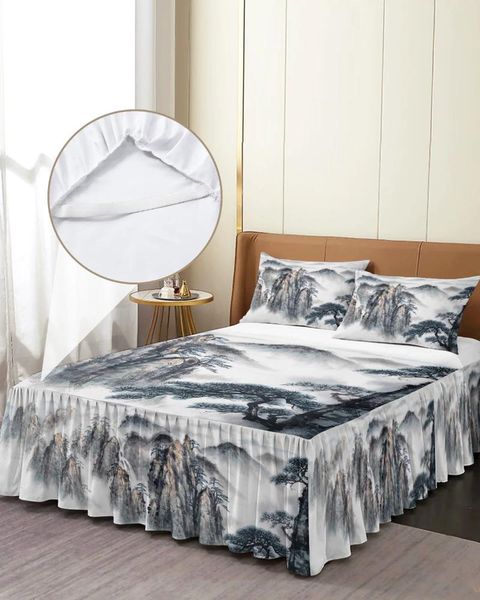 Saia de cama estilo chinês pintura de paisagem colcha com fronhas conjunto de cama lençol