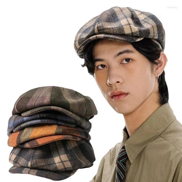 Berets lã xadrez sboy boné para homens mulheres retro britânico gatsby chapéu driver plana pintor masculino vintage 8 painel chapéus padeiro