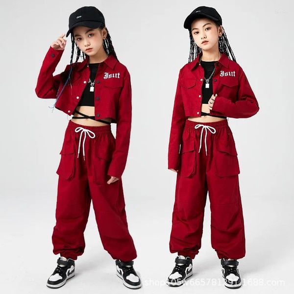 Kleidungssets Rote Hemden Cargohosen Kpop Outfits für Mädchen Ballsaal Hip Hop Dance Festival Kostüme Kinder Jazz