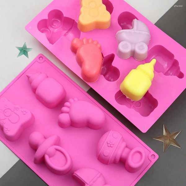 Moldes de cozimento 6 buracos bebê pés carrinho garrafa brinquedo molde de silicone não-tóxico sabão molde bolo ferramentas chuveiro festa suprimentos cozinha