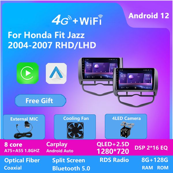 Rádio de vídeo estéreo de carro para Honda Jazz 2004-2007 AUTO AC GPS Navigation Head Unit com IPS CarPlay WiFi 128G Android Octa Core