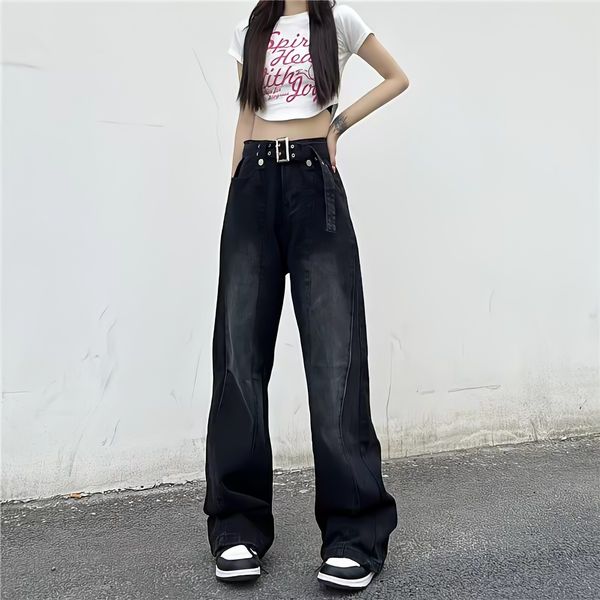 Jeans da donna Jeans neri punk a vita alta pantaloni da donna pantaloni dritti gamba larga abbigliamento da strada Y2k moda coreana lavaggio prodotto di tendenza Pantaloni 230408