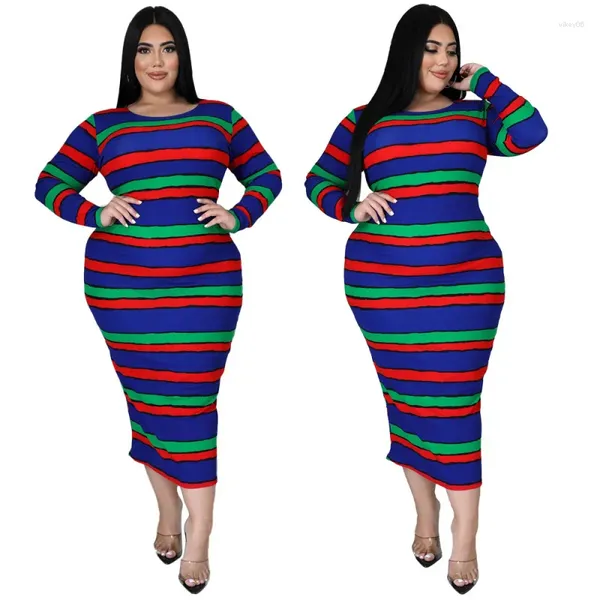 Vestidos casuais 2023 feminino impresso pit stripe vestido longo em torno do pescoço manga elegante sexy grande um passo commuter