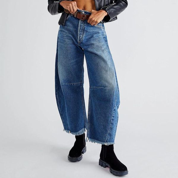 Damen Jeans Mode Frauen Baggy Mittlere Taille Breites Bein Lose Boyfriend Denim Hosen Gerade Abgeschnitten Barrel Y2k Streetwear