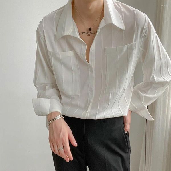 Camicie casual da uomo Camicia a maniche lunghe bianca a righe tinta unita Camicia coreana allentata semplice drappeggiata da donna